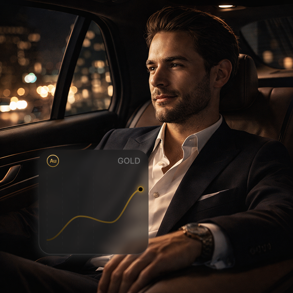 GOLDCARD Lifestyle – Mann im Luxusauto mit Gold-Portfolioanzeige
